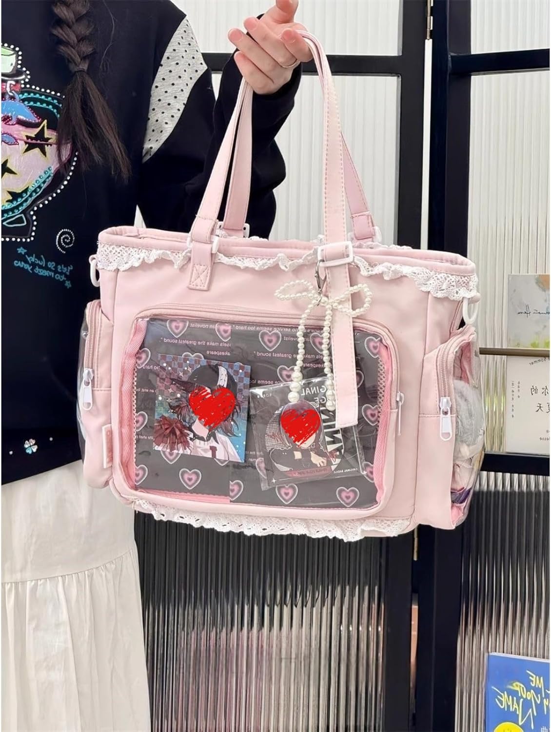 Lolita Ita Bag Clear Display DIY Bag ita tote bag pin display with Insert large messenger bag Kawaii Anime lace trim bag - Image 8