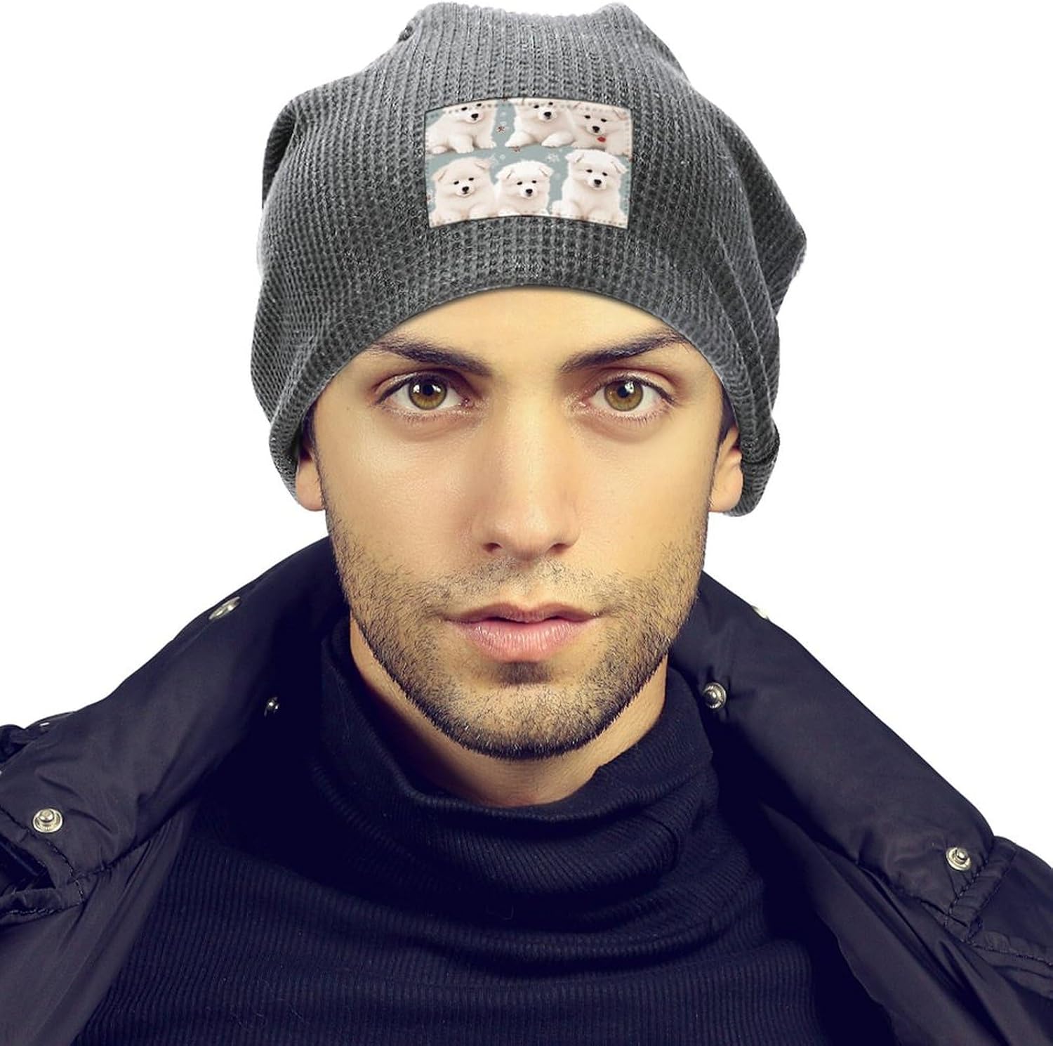 Stylish Little White Dogs Pattern Printed Winter Pullover Hats for Men and Women Combine Warmth and Style