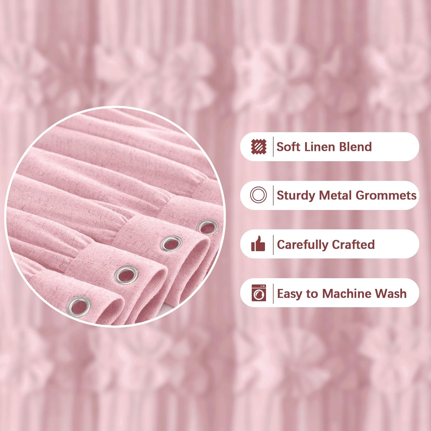 Ruffle Shower Curtain with Handmade Bow Tie, Pink Linen Vintage Farmhouse Shower Curtain for Bathroom, 72" W x 72" H