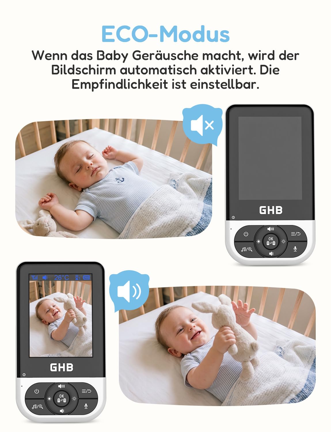 GHB Babyphone mit Kamera Baby Monitor 2,8 Zoll mit Nachtsicht VOX Schlaflieder Gegensprechfunktion Temperatursensor Max. 4 Kameras Unterstützt Schwarz
