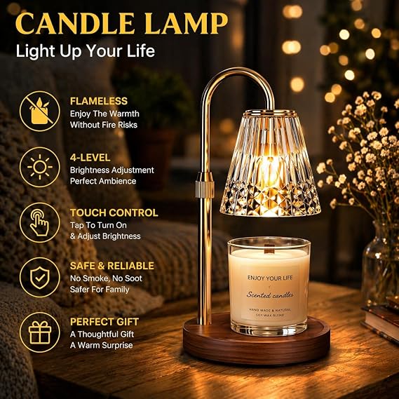 LIAPOTT Candle Warmer Lamp with Timer & Dimmer, Height Adjustable Wax Melt Warmer Lamp with 2 Bulbs for Jar Candles, Flameless Candle Warmer, Housewarming Gifts for New Home, Gifts for Women