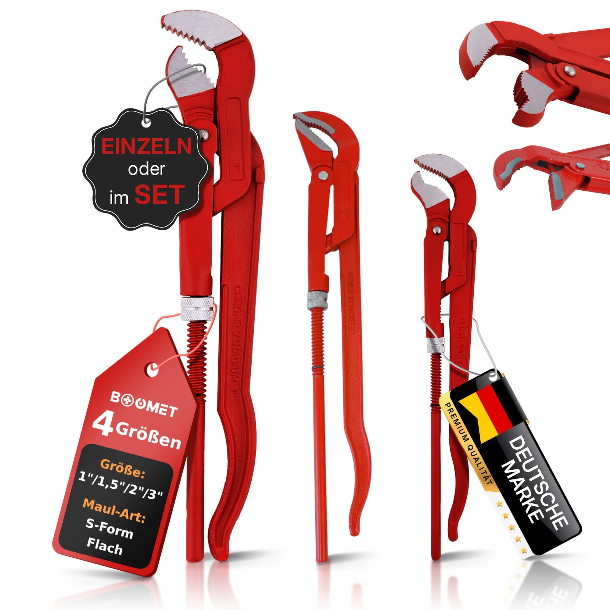 Rohrzange 3er Set S-Maul + Gerade · S 1 Zoll, 1,5 Zoll, 2 Zoll · Eckrohrzange · Set und Einzeln · 45 Grad abgewinkelte Wasserpumpenzange · Zangenschlüssel Wasserrohrzange Armaturenzange gross