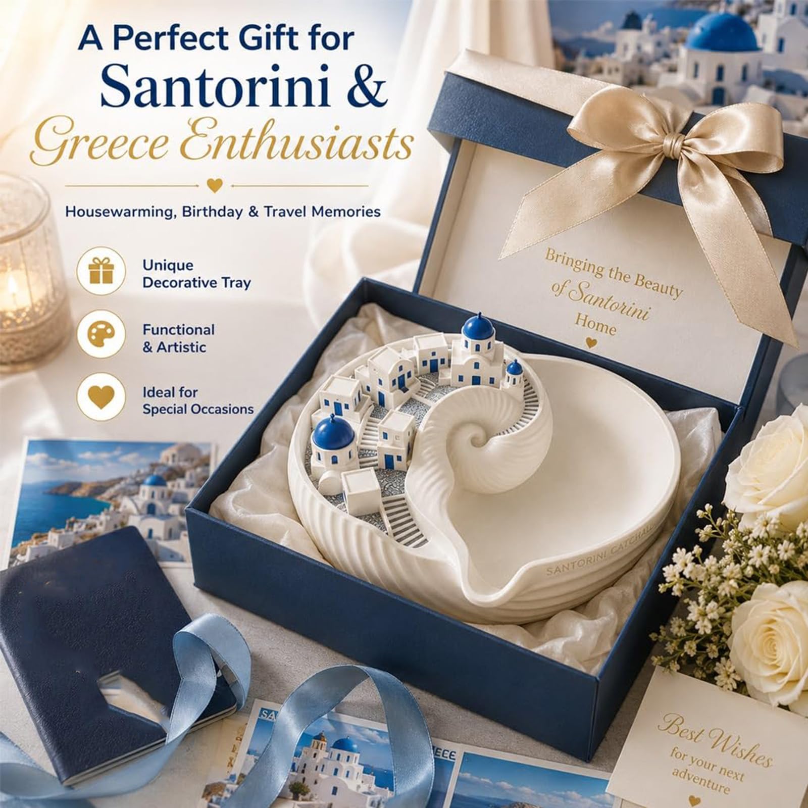Bol fourre-tout de Santorin, organisateur d'île grecque imprimé en 3D pour clés, bol fourre-tout de conque de bâtiment en dôme bleu, plateau décoratif de style architectural pour clés (2pcs)