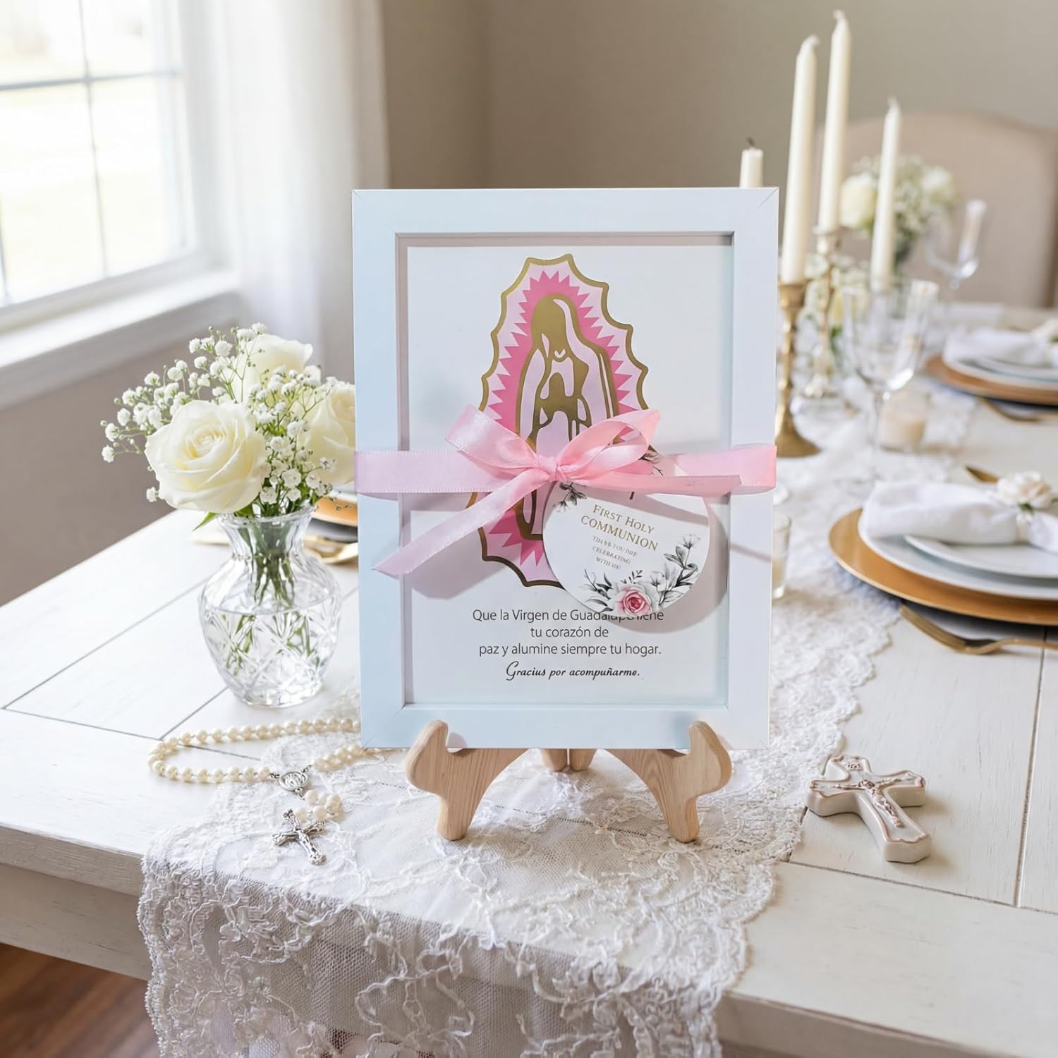 12 Pcs Baptism Favors Our Lady of Guadalupe Frame, Girls First Communion Gifts Recuerdos De Bautizo Photo Frame Pink Bautizo Centerpieces, Catholic Religious Keepsake Niña Primera Comunion Souvenirs