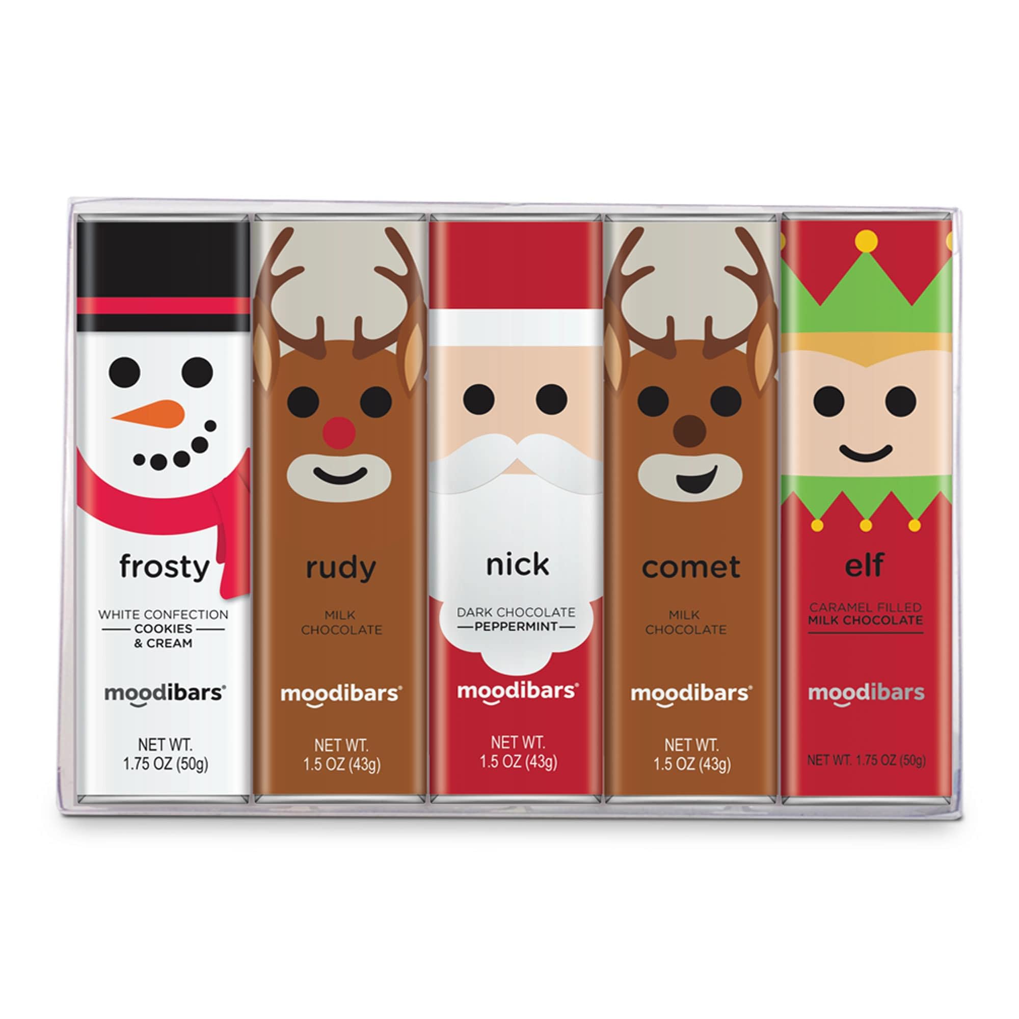 MoodiBars by Astor Chocolate, Christmas Chocolate Variety Gift Pack 5 Bars, Individually Wrapped Milk, Dark, White, Peppermint, Caramel, Cookies & Cream Flavored BelgianChocolate Bars, Holiday Gifts, Xmas Treats Box Set, Candy Stocking Stuffers