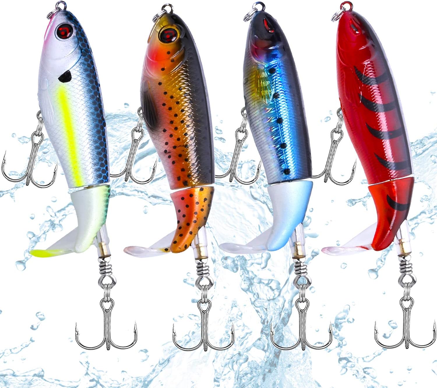 PLUSINNO4pc Popper with Box Fishing Lure Set - Bass, Walleye, Pike, Musky - Artificial Hard Baits - Needle Point Hooks - 1 Pound