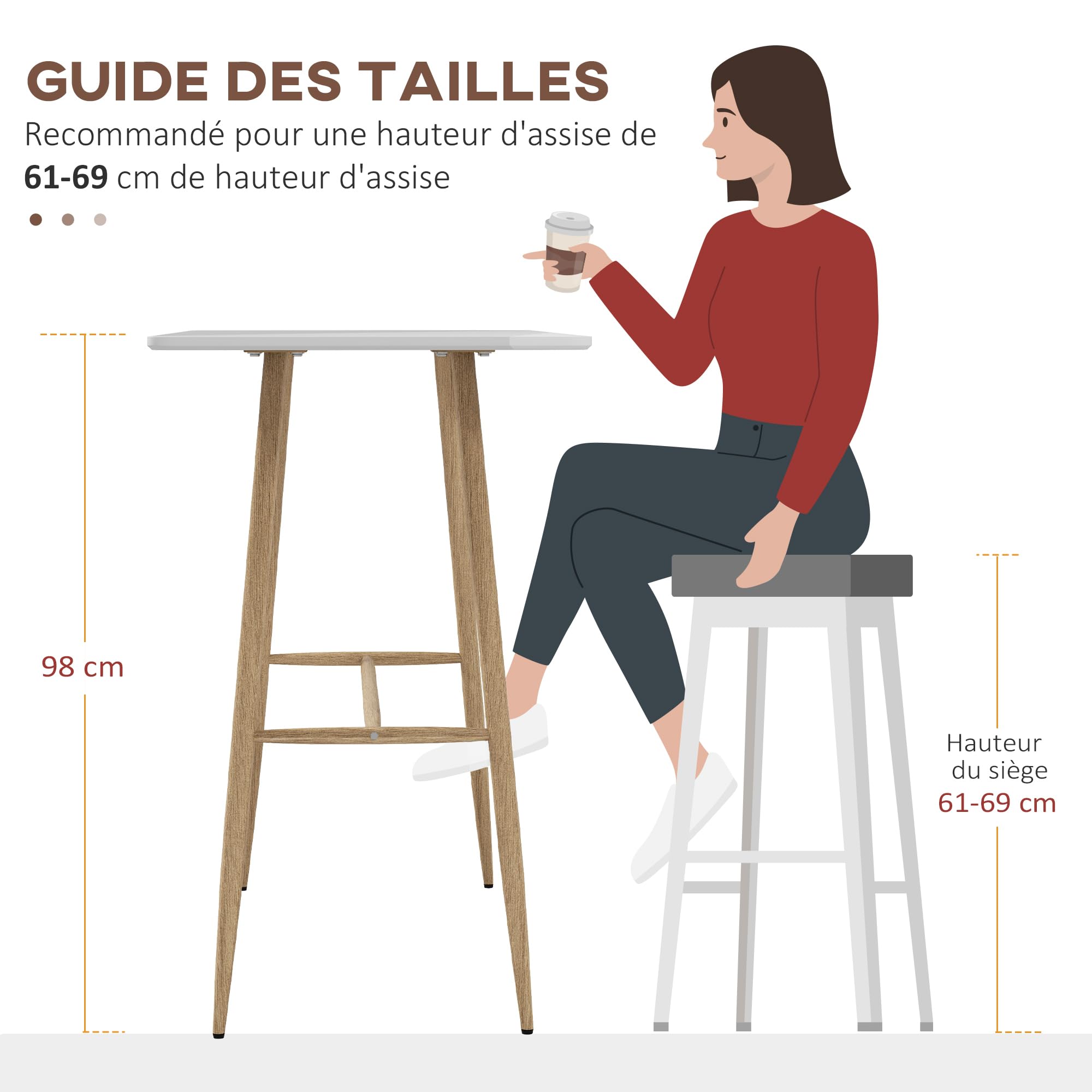 HOMCOM Table de Bar rectangulaire pour 4 Personnes, Table Haute avec Pieds en Acier Effet Bois, Table Bistro Facile à Monter, pour Bar à Domicile, Salle à Manger, 118 x 58 x 98 cm, Blanc
