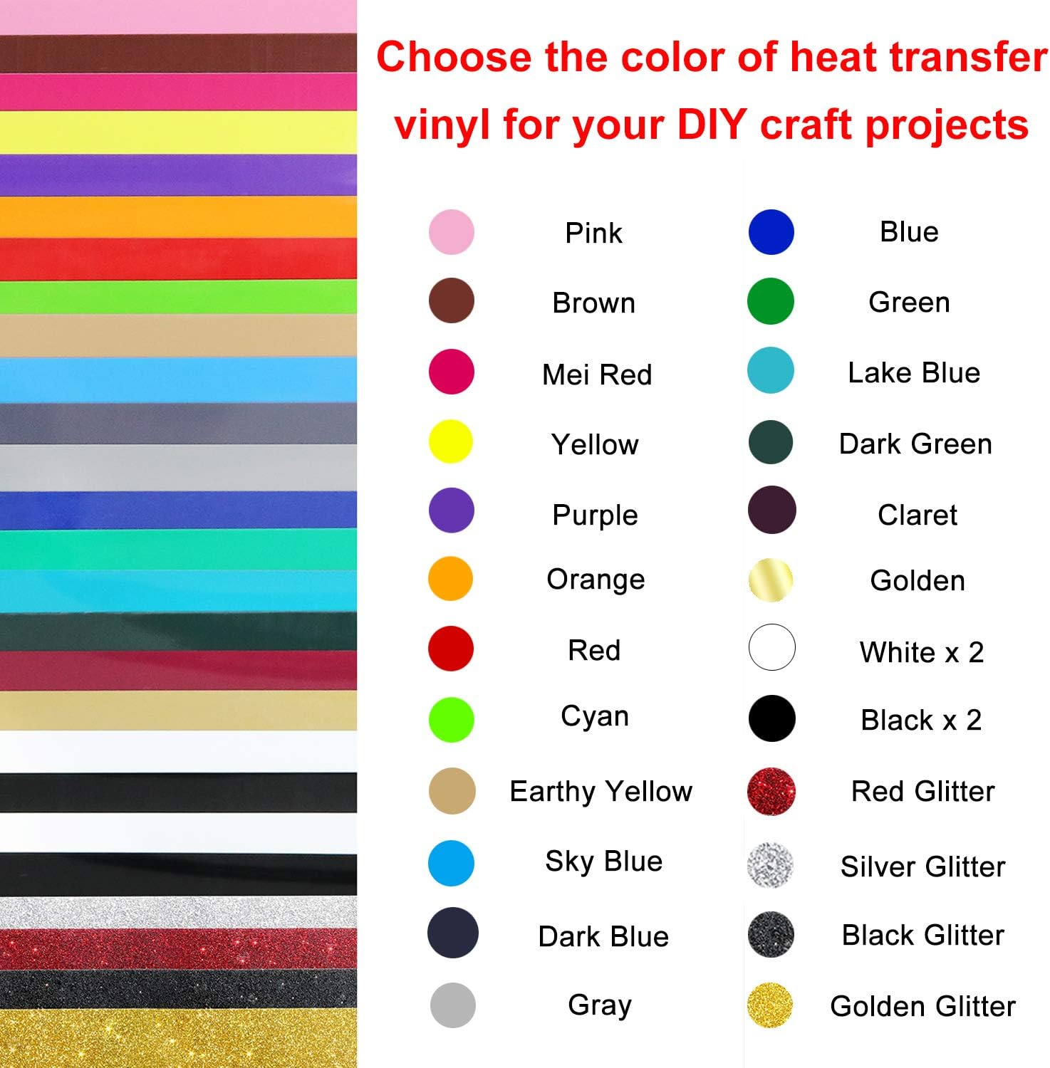 CAREGY Heat Transfer Vinyl HTV Bundle: 26 Pack 12"x10" HTV Sheets Includes 22 Assorted Colors, 4 Bundle of Glitter Iron On Vinyl for DIY T-Shirts