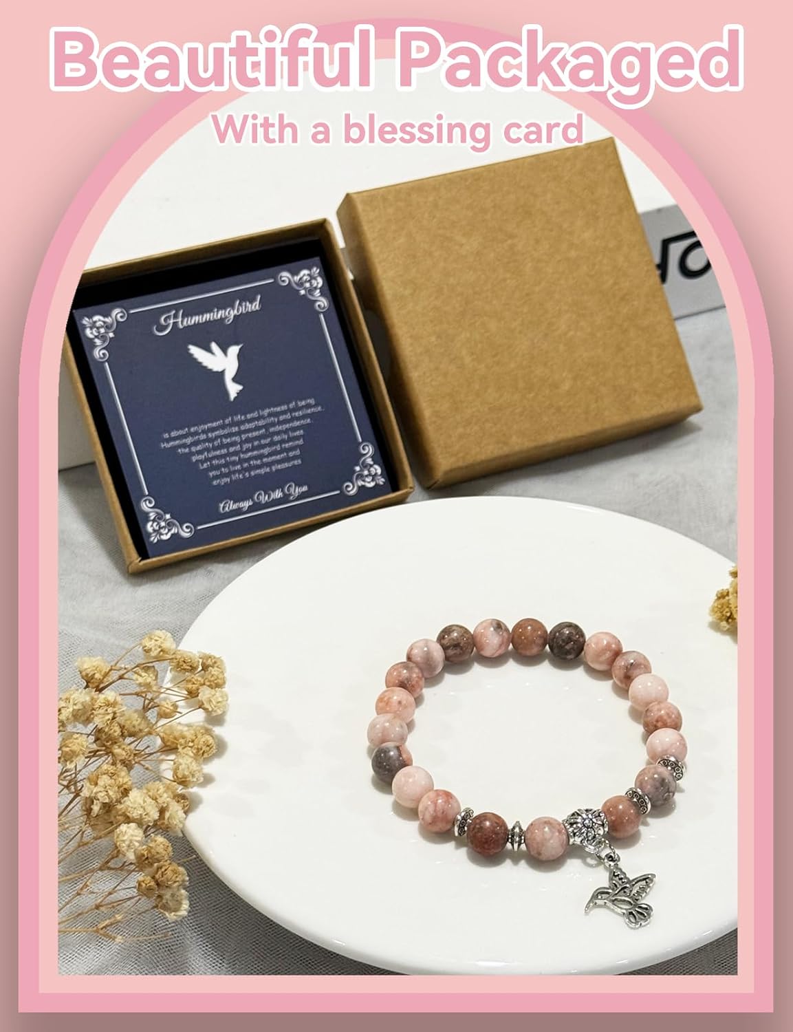 Hummingbird Gifts for Women, Motivational Gifts for Mom, Mothers Day Hummingbird Bracelet, Strength Bracelets for Women, Gifts for Her, Anxiety Bracelet, Stretch Natural Stone Beaded Bracelets - Image 4