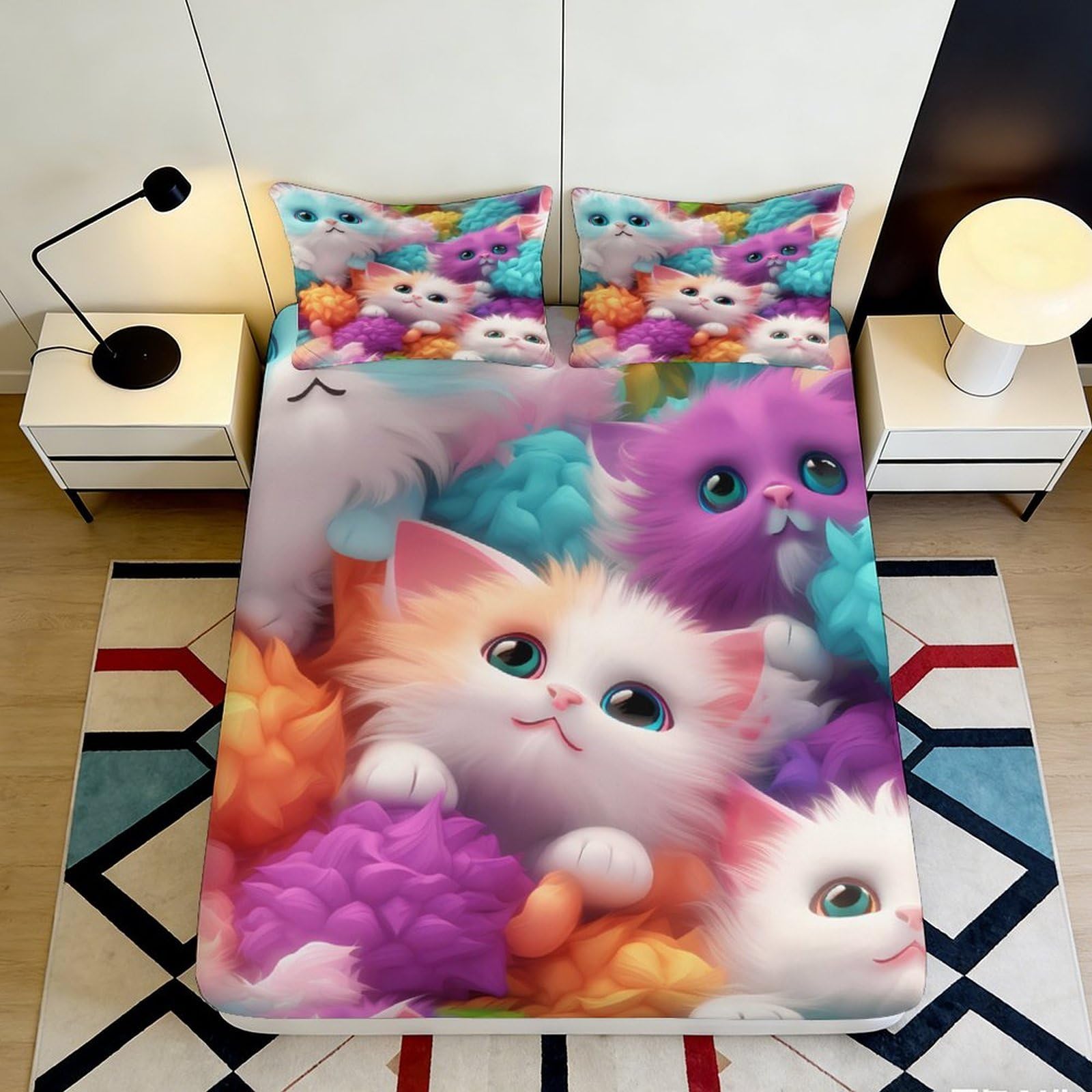 3D Printed Cute Cat Fitted Sheet Microfiber Soft Colourful Fluffy Kitten Bed Cover for Bedroom Dorm Mattress Decor 90x200x25cm
