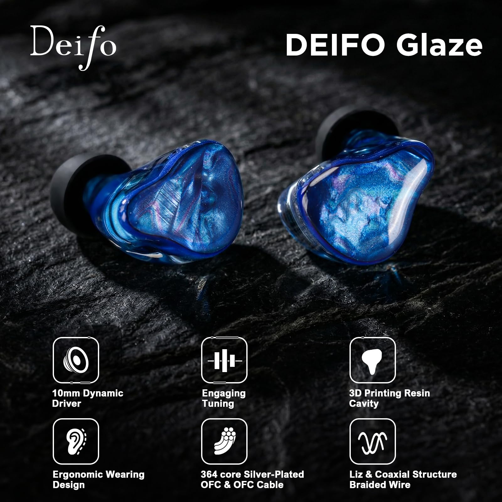 IEM - Auricolari in-ear Hi-Fi con driver dinamico a doppia camera da 10 mm, auricolari con cavo OFC placcato argento 364-Core, guscio in resina artigianale, senza microfono, per audiofili (blu)