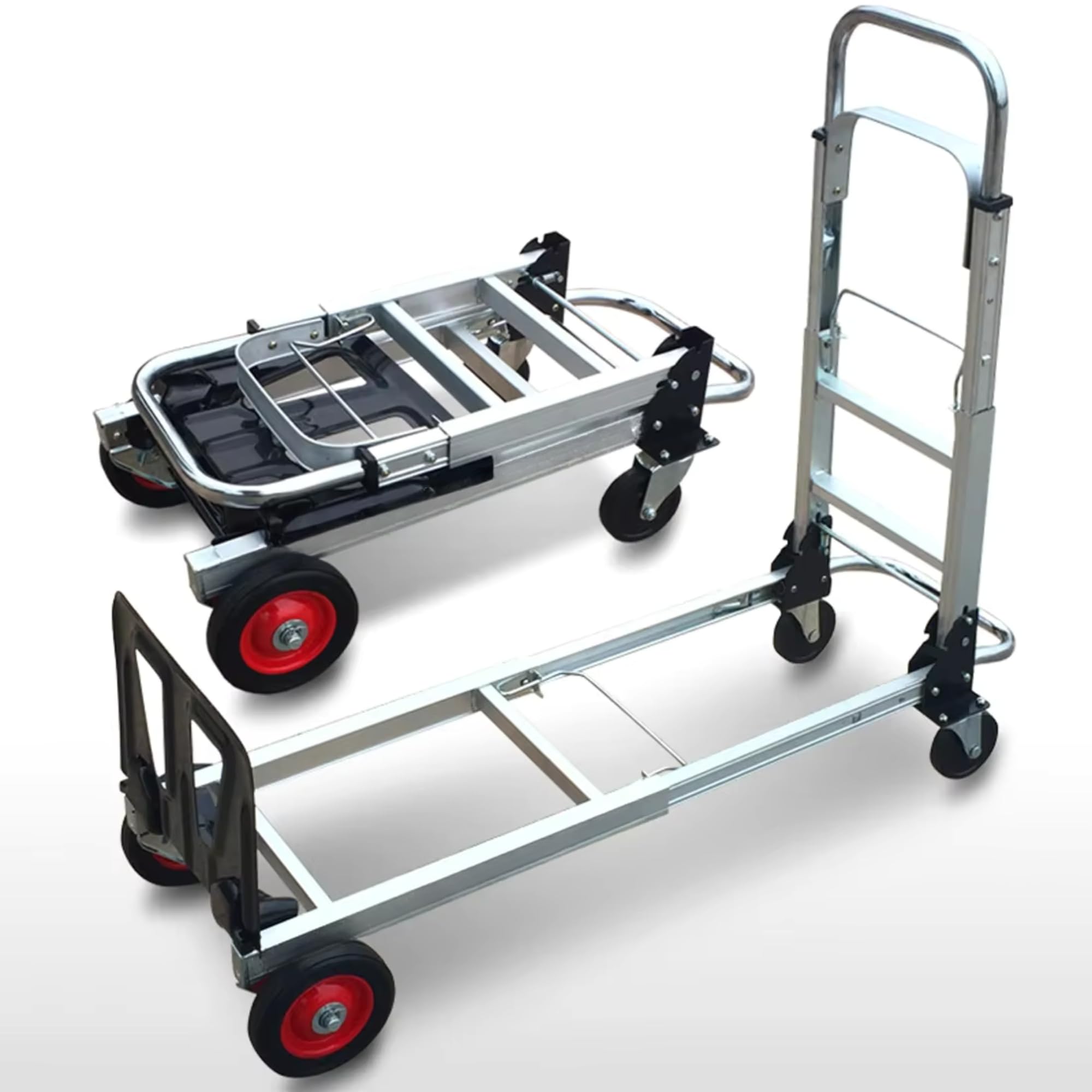 Carretilla de Mano de Aluminio 2 en 1, Carrito Plegable con 4 Ruedas, Convertible en Plataforma o Carro de Mano, Capacidad de 150 kg, Carro para Transporte en Almacen, Jardín, Hogar, Mudanzas