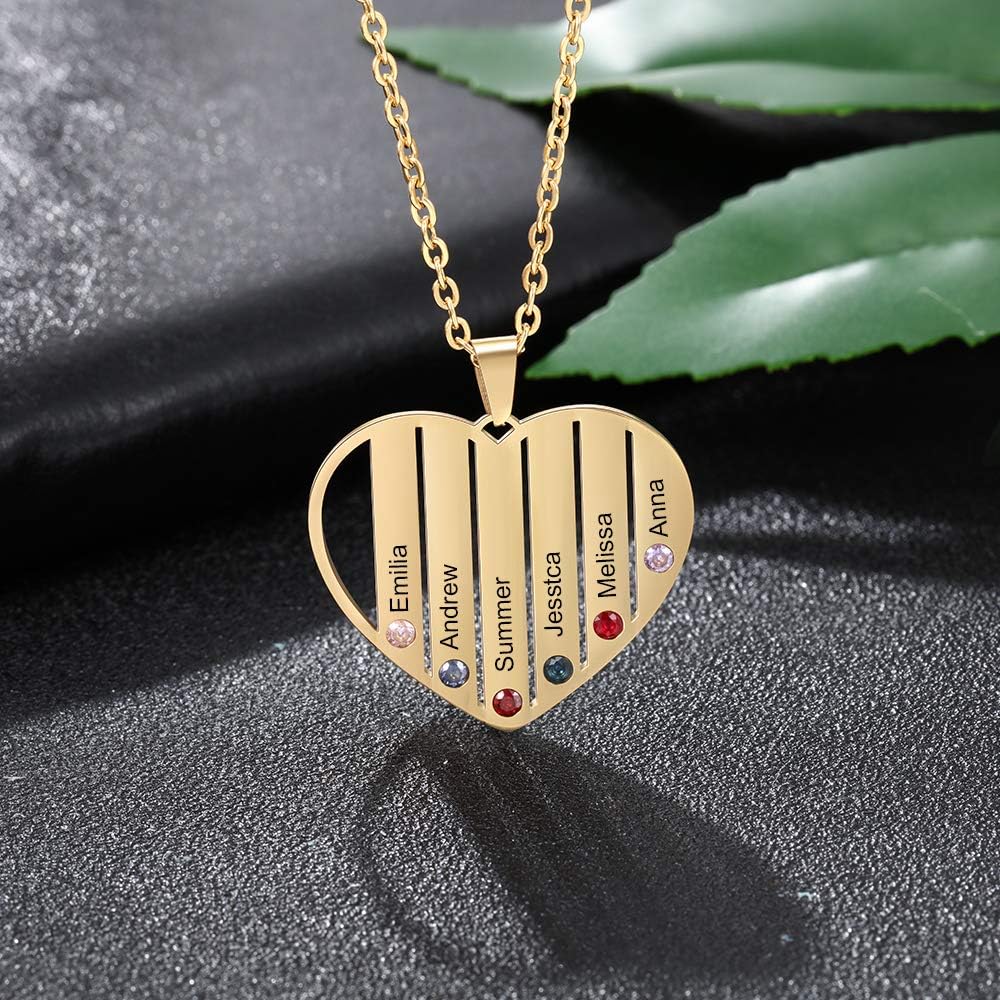Personalized Hearts Necklace with 4/5/6 Simulated Birthstones for Women Customized Mothers Names Necklace for Mother's Day Relationship Necklace Family Name Necklaces for Mom (Gold, 6 names)