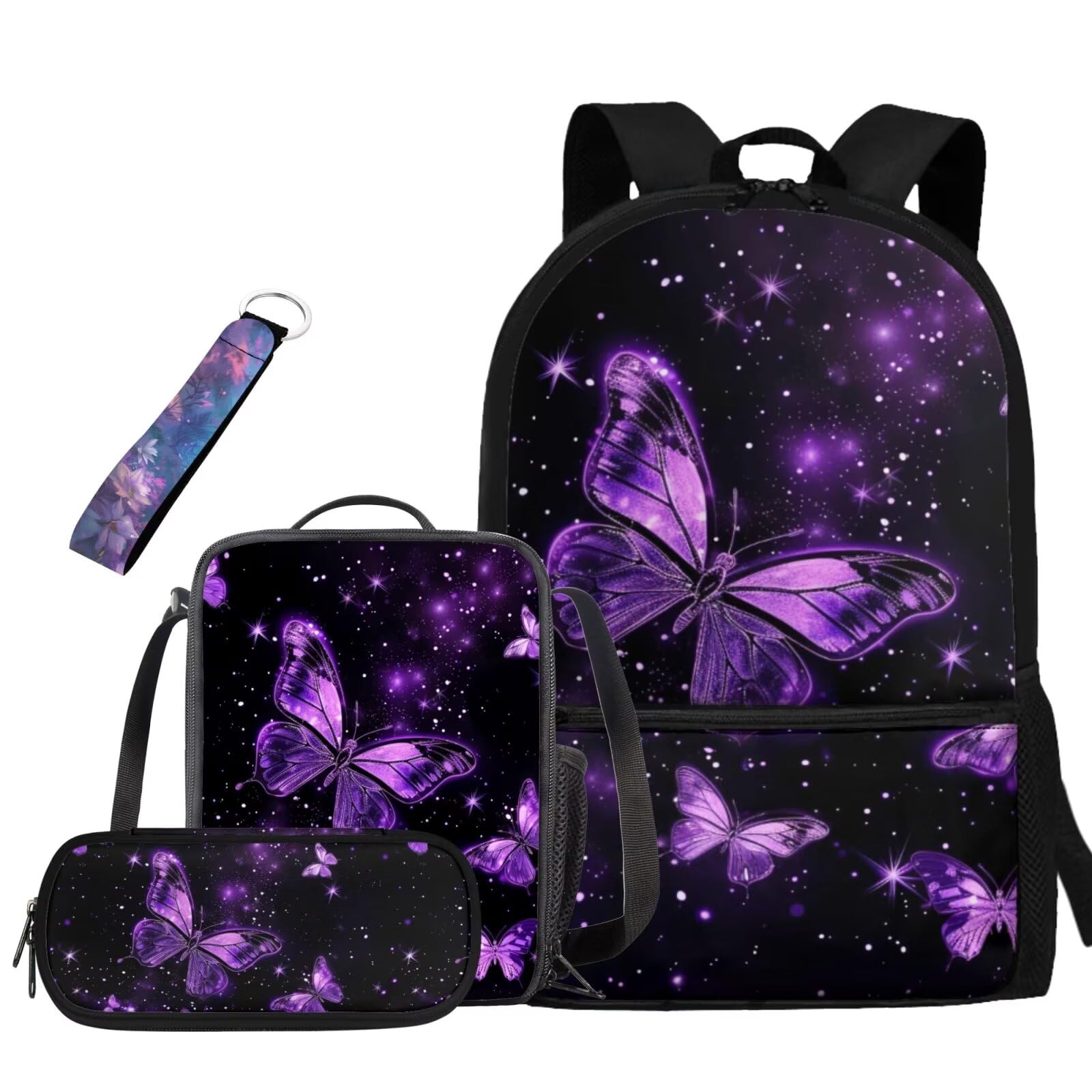 Ystardream Purple Butterfly Backpack With Lunch Box Kids Girls Boys Bookbag 10-12 Years Old 17 Inch Laptop Backpack for Women,School Backpack for