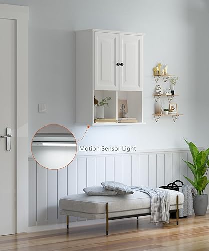 Vista 7 de HAIOOU Armario de pared de baño con luz LED con sensor de movimiento, armario de madera para medicamentos, armario de almacenamiento sobre inodoro