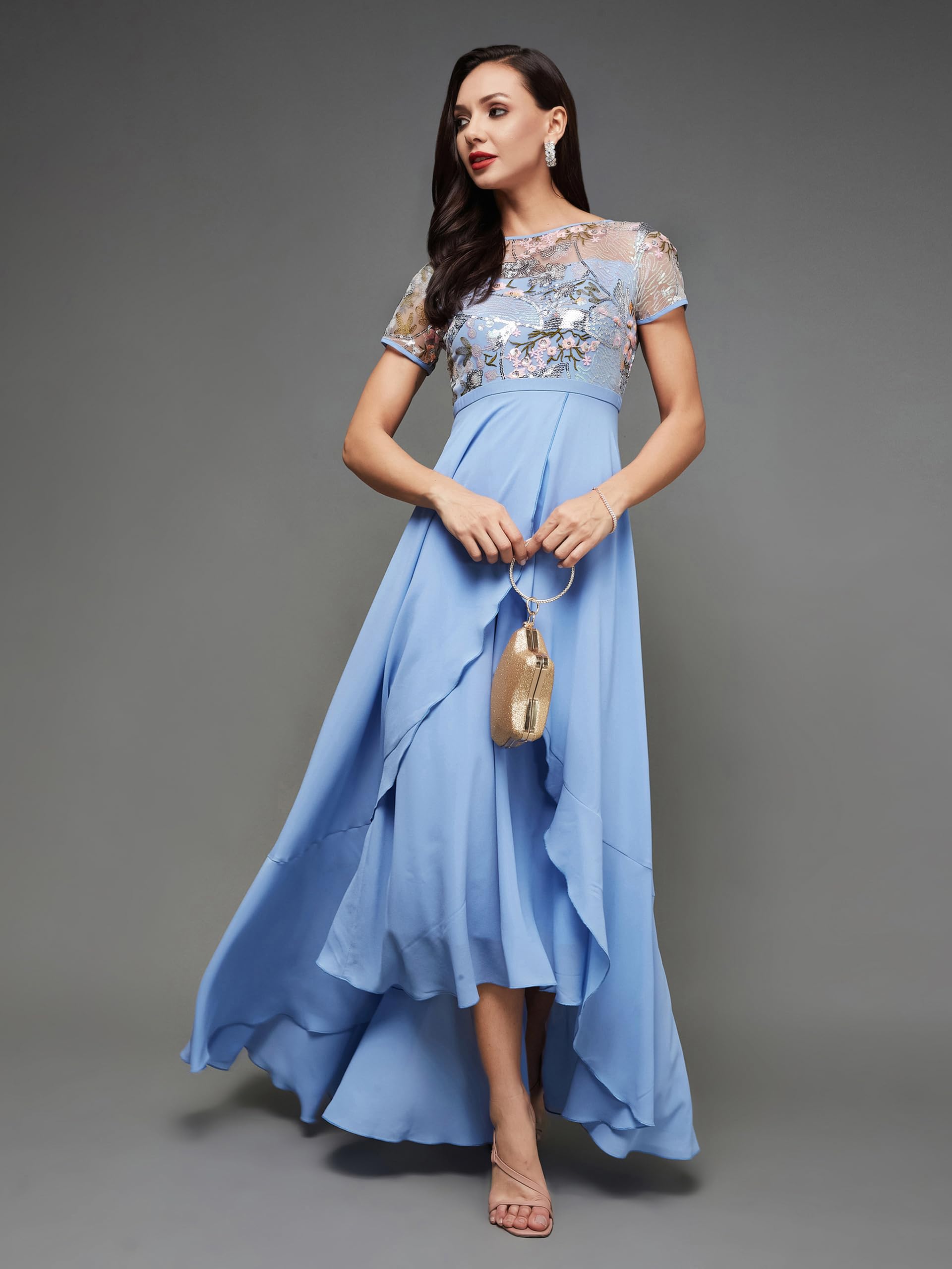 Miss Chase Women's Round Neck Short Sleeve Midi Dress (Mcss23D13-78-231-04, Multicolored-Base-Sky Blue, M)