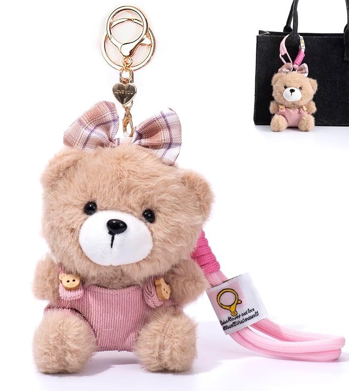 Chaveiro de Pelúcia Urso com Roupa Rosa e Laço YILANFULL para Bolsa, Mochila e Chaves 1 unidade