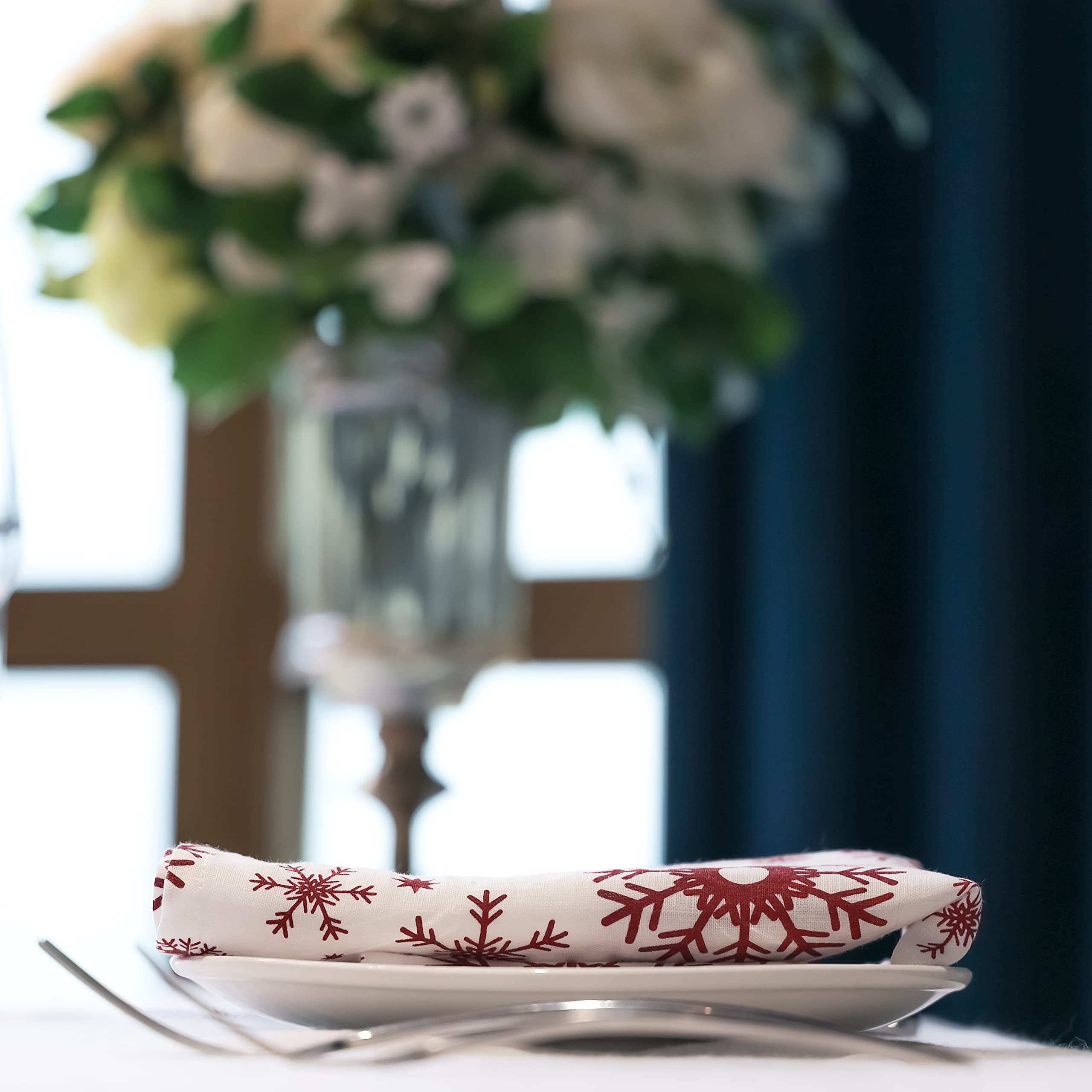 Lot de 6 serviettes en lin 100 % pur lin avec flocons de neige rouges de Noël, 38 x 38 cm, serviettes en lin européen, lavables et réutilisables