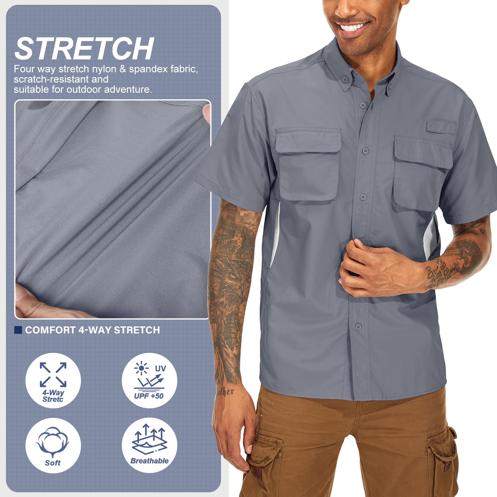 Hemd Herren Kurzarm Safari UPF50+ UV Schutz Wanderhemd Funktionshemd Atmungsaktiv Schnelltrocknend Outdoorhemd Casual Button Down Shirts