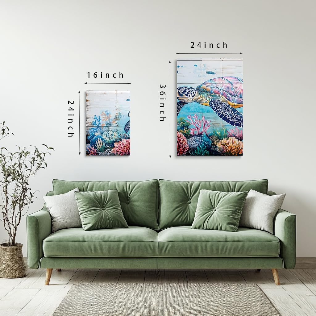 3 Piece Canvas Wall Art Turtle Colorful Sea Bottom Ocean Coastal Decor Under the Sea Bathroom Living Room Bedroom Wall Hanging Seascape Animal Wall Decor Artwork for Walls Hawaiian Seaview Canvas Print (16x24 inch)