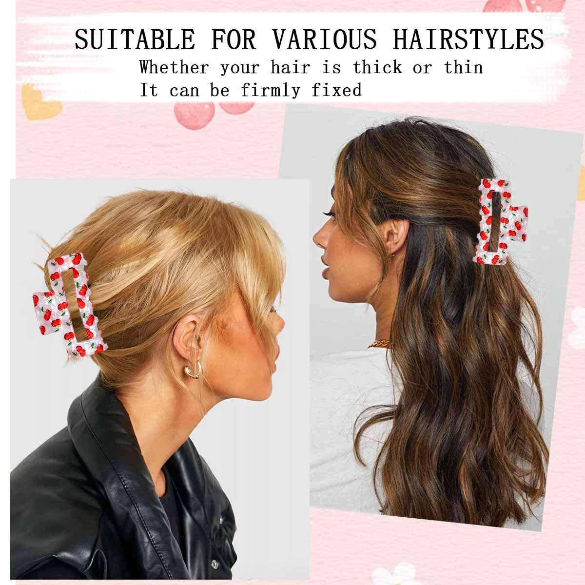 2 PCS Cherry Hair Claw Clips Square Cherry Hair Clip Cute Fruit Non Slip Barrettes Rectangle Jaw Clips Strong Hold Fashion Headwear Spring Summer Beach Hair Accessories for Women Girls (Red) - Image 7