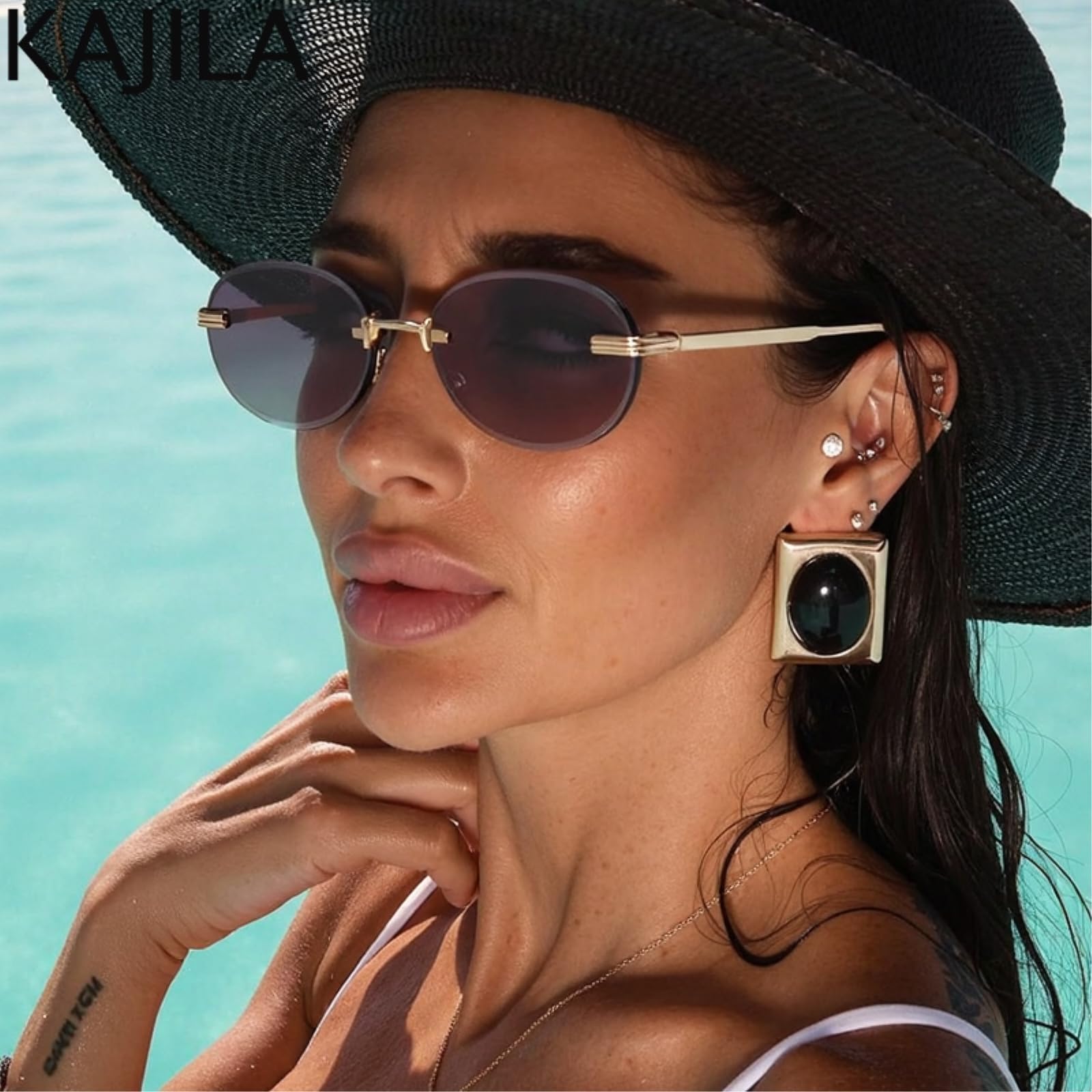 Sonnenbrille Modell Pk-260623 Uv400 Randlose Schattierungen Punk Oval Vintage Metall Kleiner Rahmen Für Frauen Damen Täglich Hypoallergene Edelstahl-c1blackgray