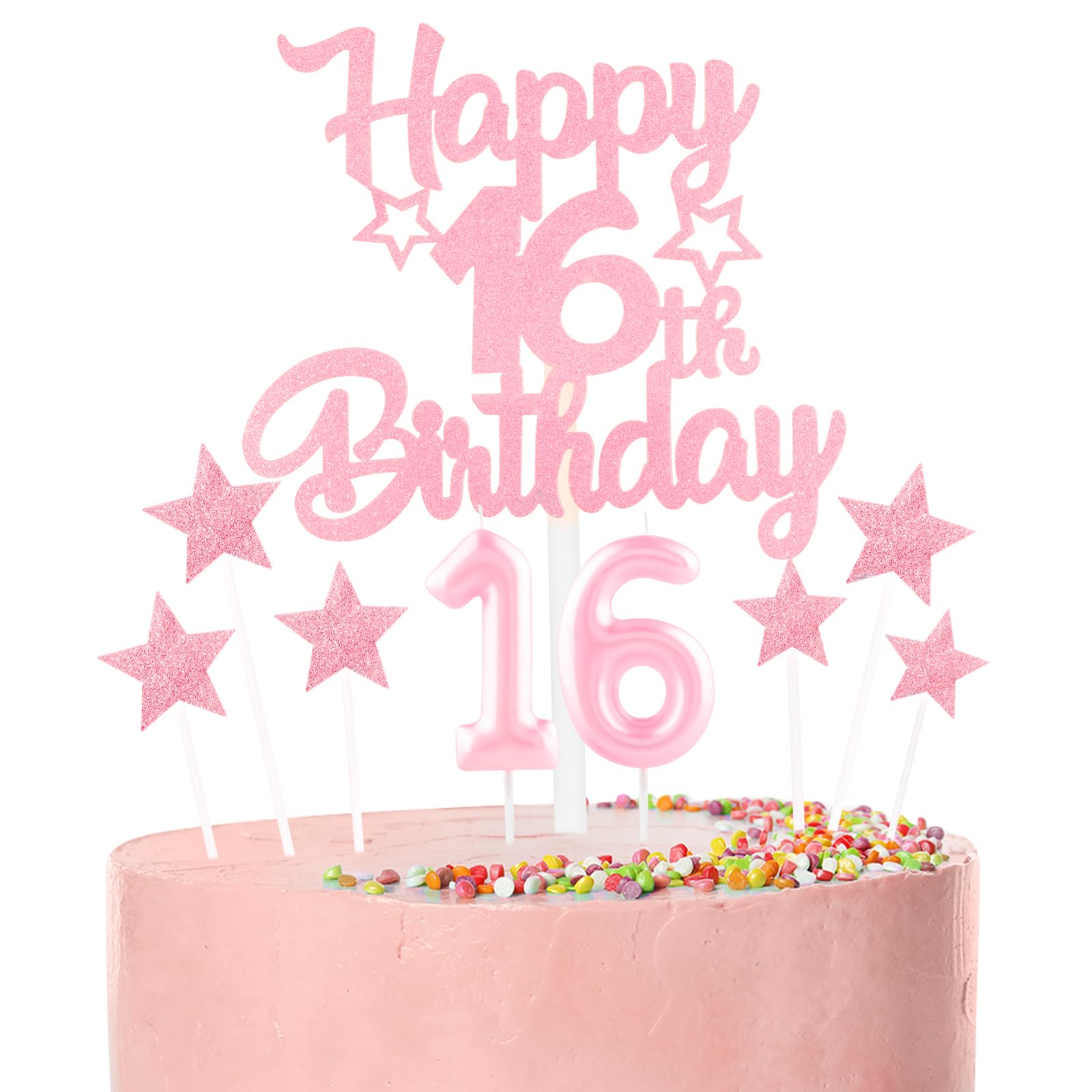 Pink Happy 16th Birthday Candles Cake Topper Set,Glitter Number 16 Birthday Candles with Pink 16th Birthday Cake Toppers Star Cupcake Toppers for Girls Anniversary Decorations โ image 1