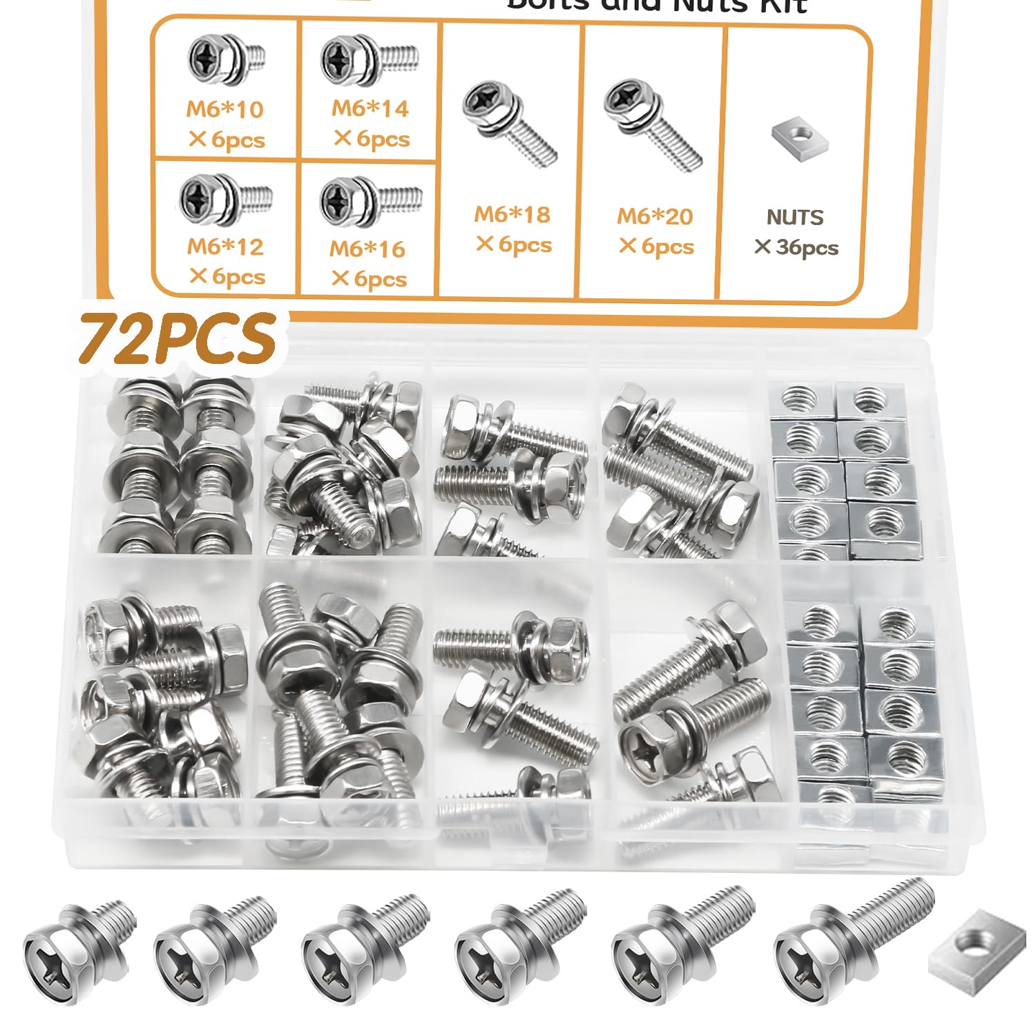 zDwfDc 72PCS Battery Terminal Motorcycle Bolts and Nuts Kit M6*10/12/14/16/18/20mm 304 Stainless Steel Battery Bolt with Square Nut for ATV Bike,