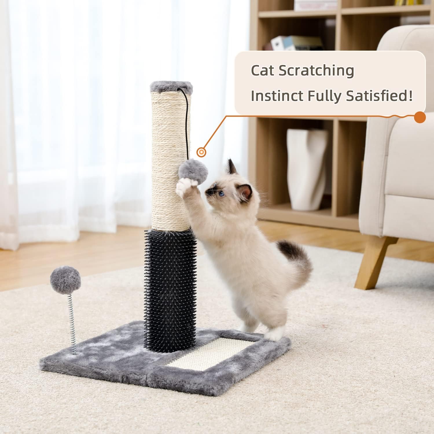 PAWZ Road Cat Scratching Post 4 in 1 Cat Scratcher Featuring with Cat Self Groomer, Cat Scratching Poles Spring and Dangling Balls for Kittens and Indoor Cats-Grey
