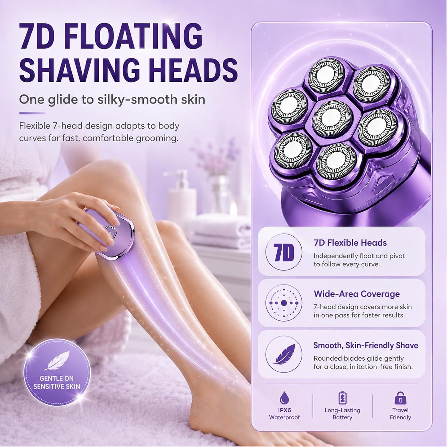 7D Floating Head Women's Electric Razor, Magnetic Head Body Shaver