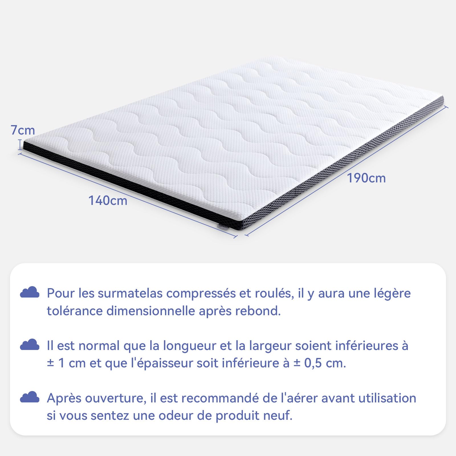 Amazon Basics Surmatelas de Mousse à Mémoire de Forme avec Gel Rafraîchissant Moelleux, 140 x 190 x 7 cm, Blanc