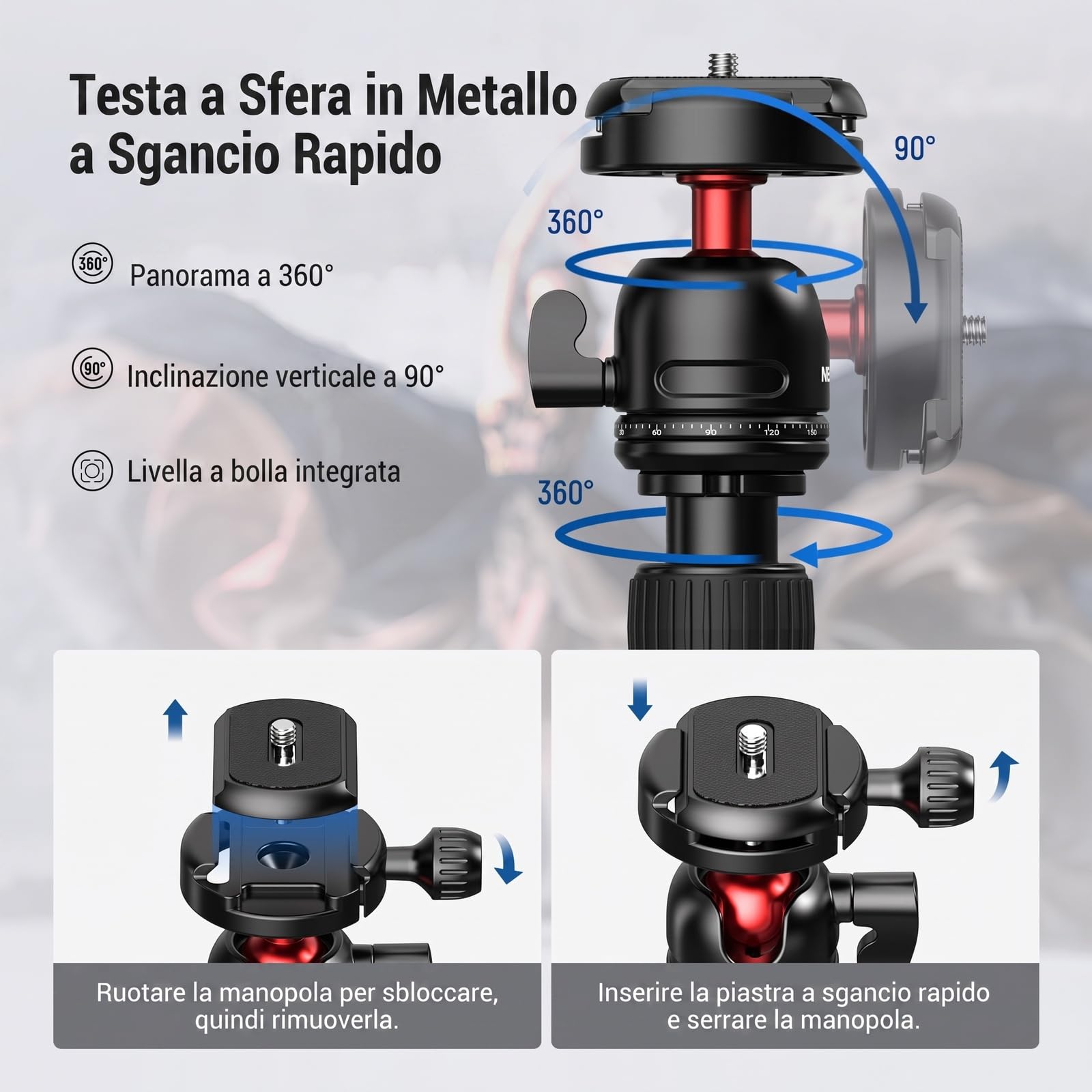 NEEWER BASICS Monopiede Treppiede Fotocamera da 145cm con Piastra QR Arca Testa Sfera Porta Telefono, Tripod da Viaggio Compatto e Portatile per iPhone DSLR Videocamera Video Streaming, Max 3kg, TP68