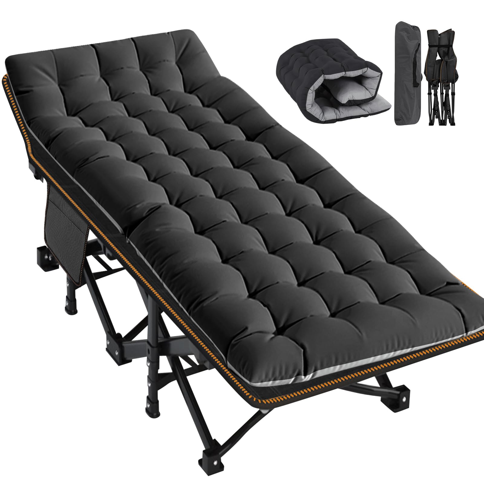 Lit pliant extra-large avec matelas – 46 cm de large, cadre en acier robuste de 400 kg et tissu Oxford, 198x81x46 cm, idéal pour les adultes, le jardin et les voyages (XXL Noir)