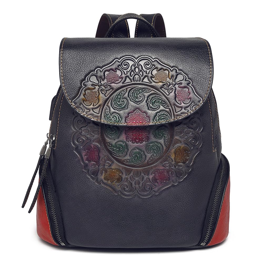 EBESA Leather Backpack for Women Organizer Retro Vegetable Tanning leather bag Vintage Embossing Totem