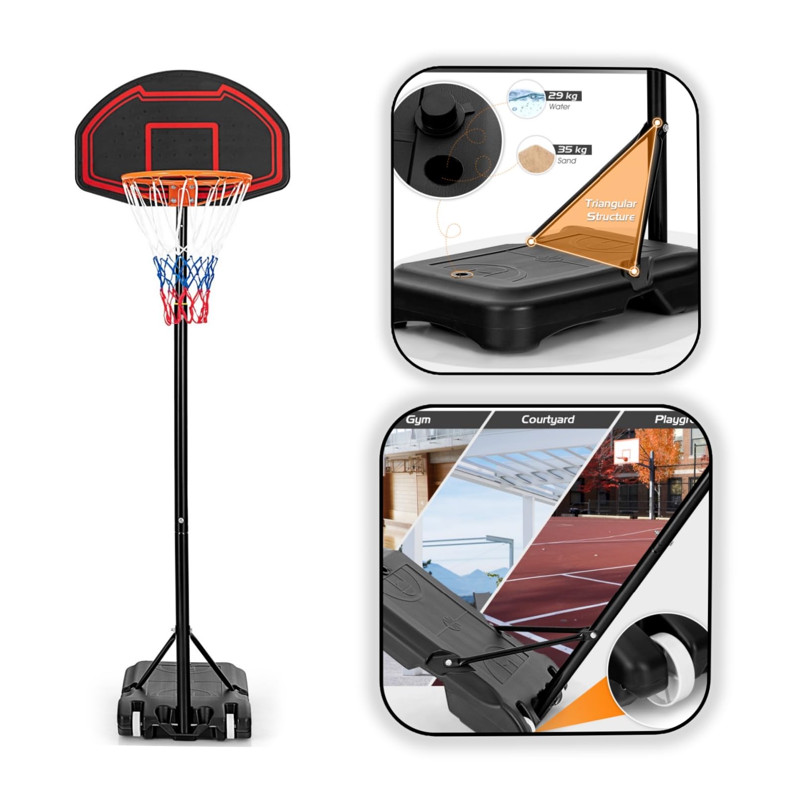 LIFEZEAL Canestro da Basket per Bambini con Base Riempibile, Regolabile in 5 Altezze, Rete Resistente e Tabellone Antirottura, Canestro per Pallacanestro per Interni ed Esterni, 248 x 71 x 154-210 cm