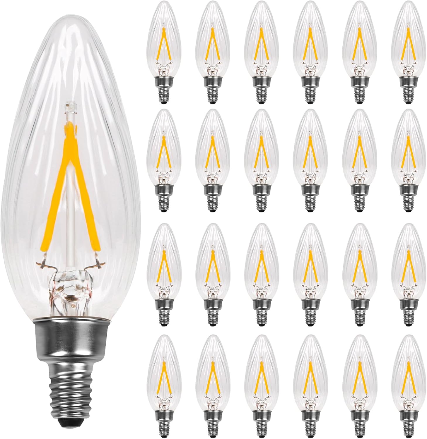 Candelabra LED Light Bulb, 2W Dimmable Chandelier Bulbs, E12 Candle Flame Tip Decorative Fancy Bulb for Pendant Wall Sconce Vanity Ceiling Fan, Clear Glass,CA10 2700K Warm White 200Lm, 48Pack.