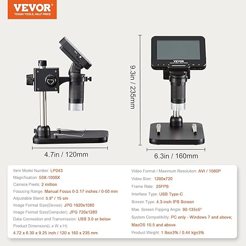 Miniatura 7 de VEVOR Microscopio digital LCD para adultos y niños, pantalla IPS de 4.3 pulgadas, microscopio de monedas 50X  aumento de 1000X con 8 luces LED,