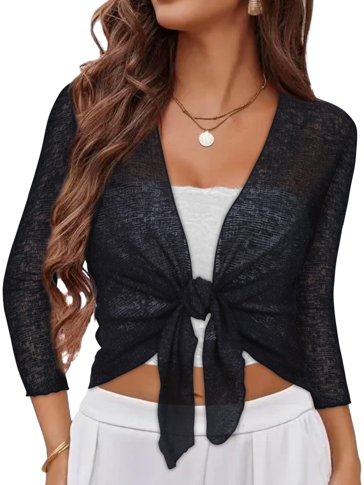 Women Crop Cardigan Sheer Mesh Bolero Shrug for Dress Tie Front 3 4 Sleeve Tops