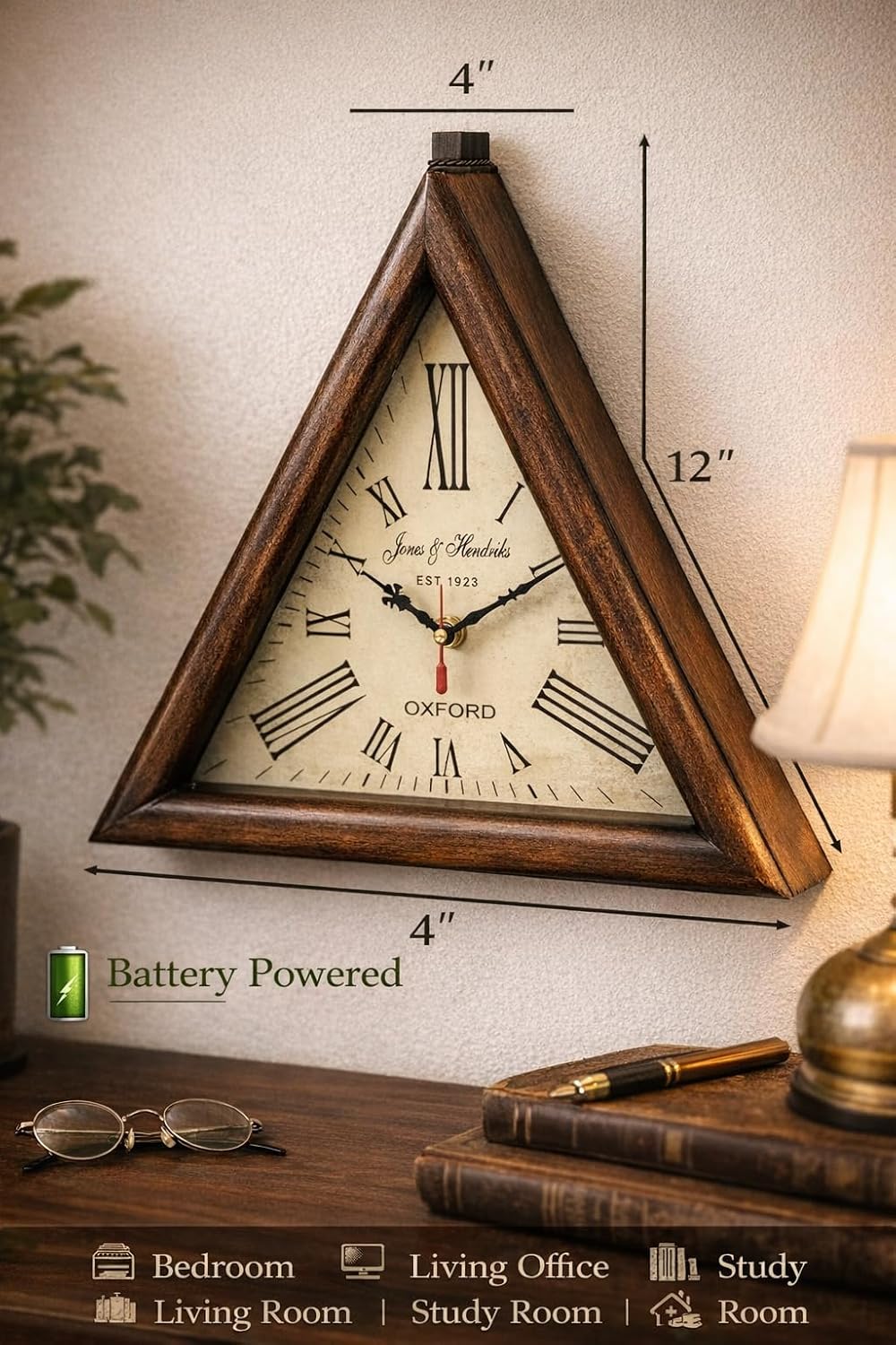 Brown Wooden Triangle Shape Wall Clock, Vintage Nautical Style Roman Number Silent Wall Clock, Mid Century Modern Operated Mantel Wall Hanging Clock for Living Room, Kitchen, Bedroom (12 Inch)