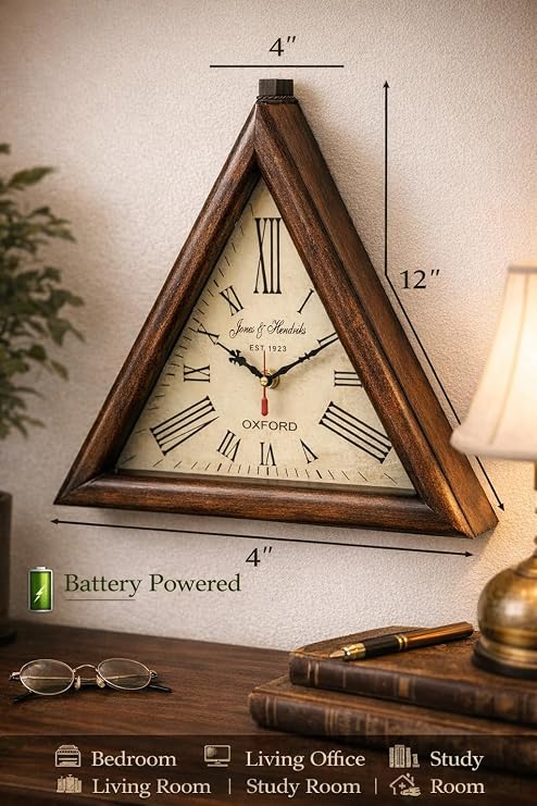 Brown Wooden Triangle Shape Wall Clock, Vintage Nautical Style Roman Number Silent Wall Clock, Mid Century Modern Operated Mantel Wall Hanging Clock for Living Room, Kitchen, Bedroom (12 Inch)