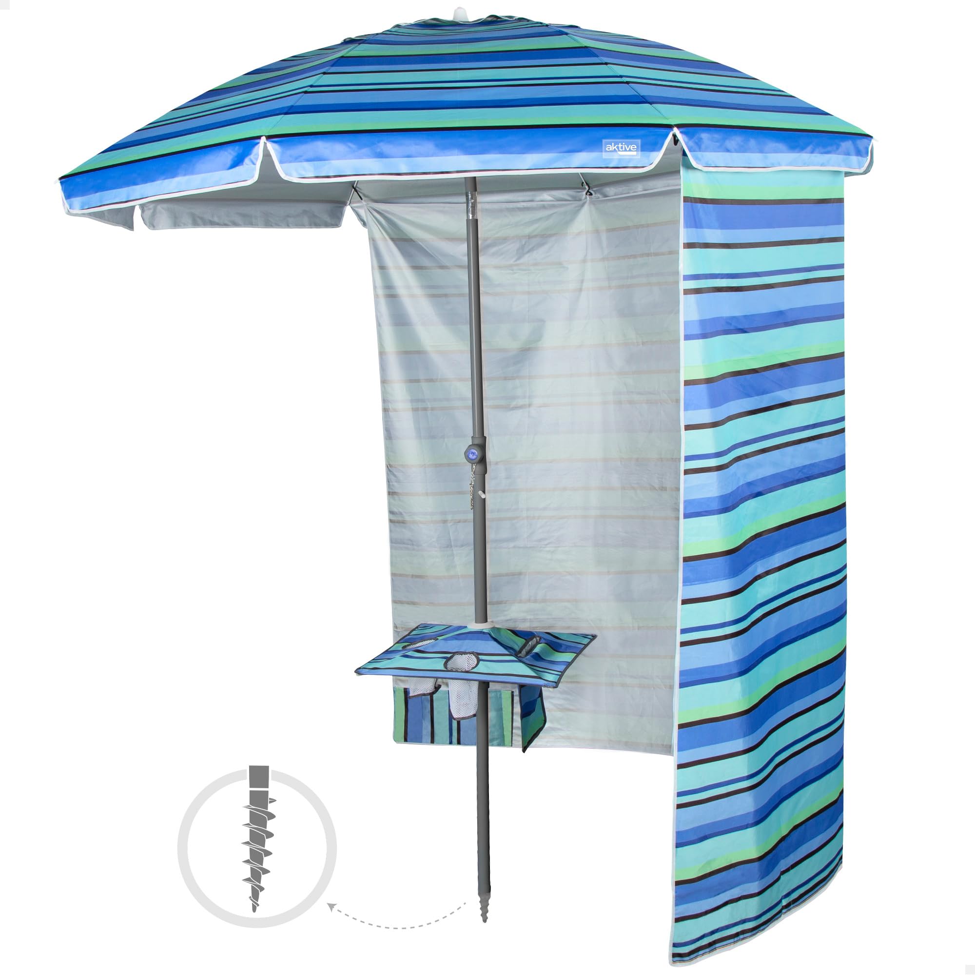 AKTIVE Sombrilla playa antiviento marinera, 210 cm, Pared lateral desmontable, Mástil acero, Inclinable y regulable en altura, Tejido poliéster Oxford, Protección UV50, Sombrillas grandes (62332)