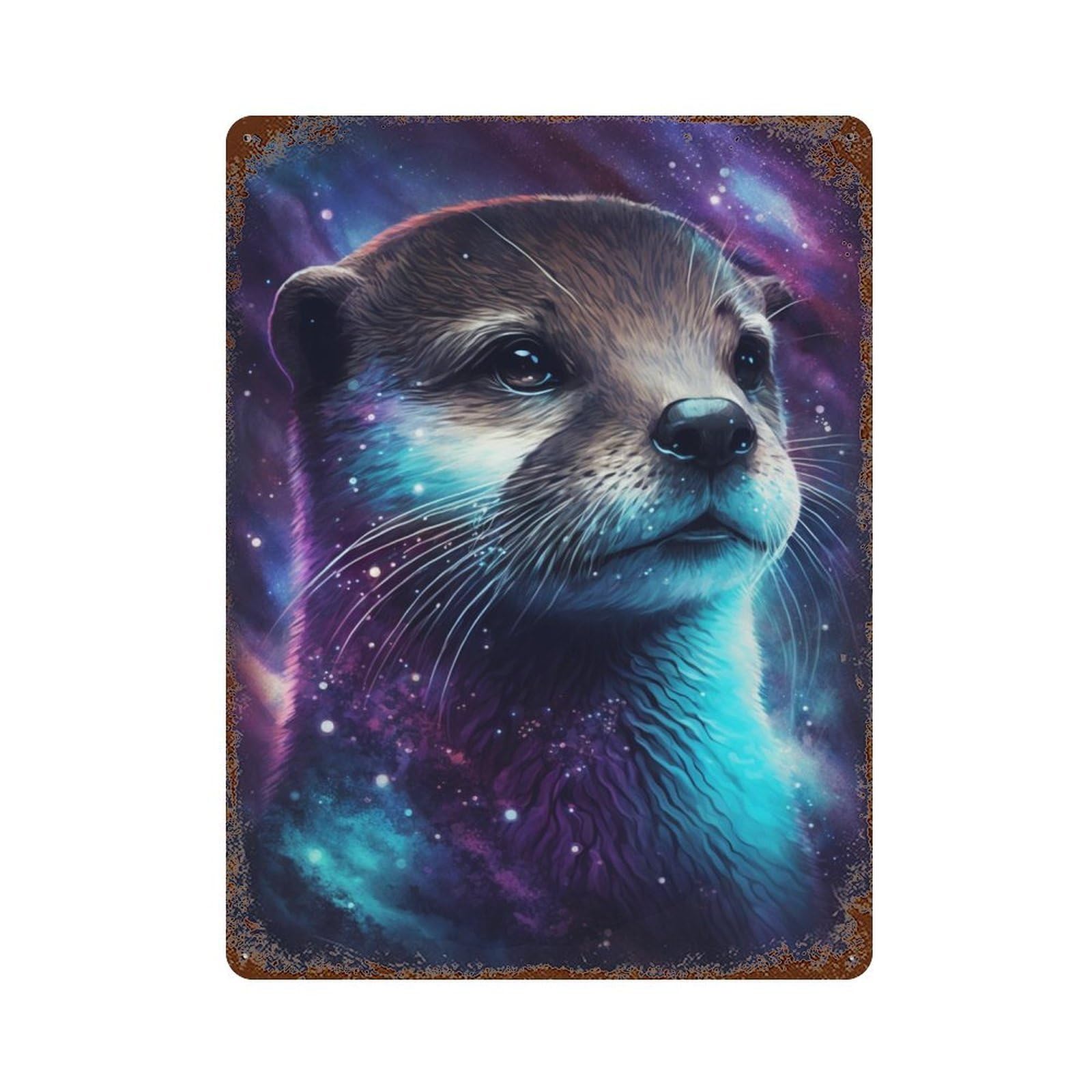 Galactic Otter Art Print Weathered Tin Sign 15.7"x11.8", Farmhouse Wall Decor for Garage, Pub Or Kitchen