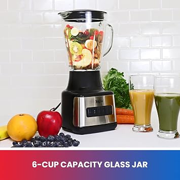 Total Chef 6-Speed Countertop Blender with Glass Pitcher, 1.5 L /1.6 Quart, Black and Stainless Steel, 500 Watts, Auto-Clean, make smoothies, shakes, sauces, salsas, pesto, guacamole, baby