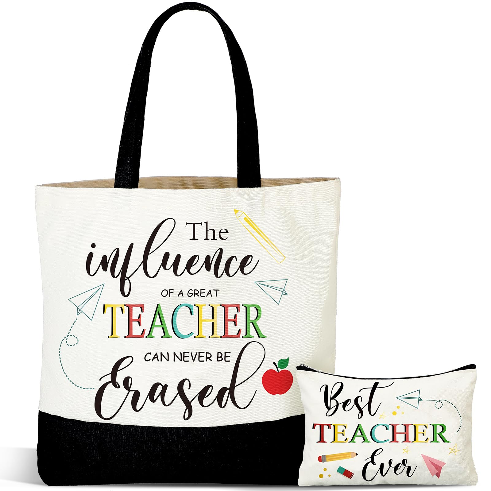 Buryeah 2 Pcs Valentine Teacher Appreciation Gift for Women Canvas Tote Bag with Makeup Bag Thank You Gift from Student | 2 Pcs, with Makeup Bag,