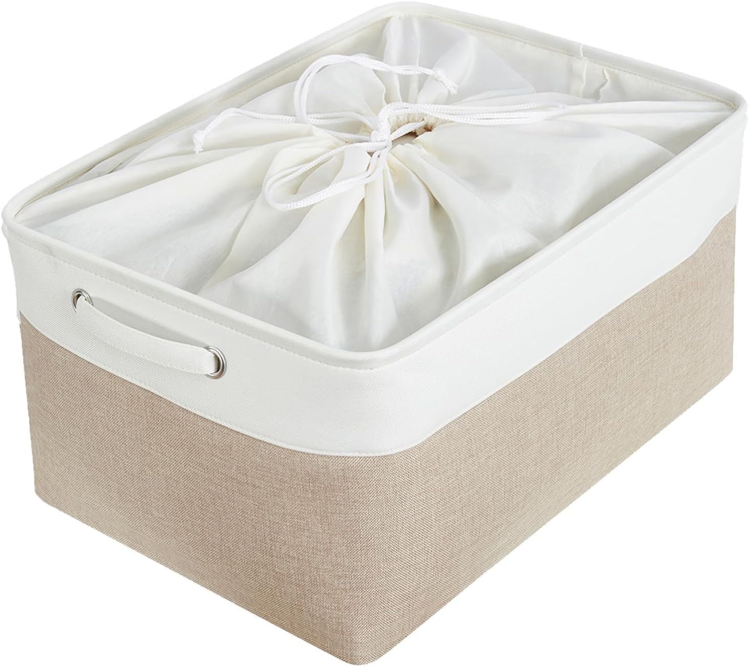 Mangata Cestas de almacenaje Ropa, Caja almacenaje Tela de Lona con Asas para estantes, Juguetes, Caqui claro Blanco, L, 1