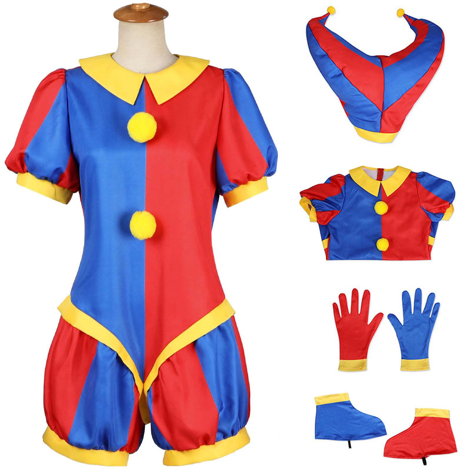 YOGLY Adult Cosplay Pomni Clown Costume, Jumpsuit with Hat Gloves Booties Set for Unisex Fancy Dress Up Carnival Halloween Party Masquerade Performance Clown Costume
