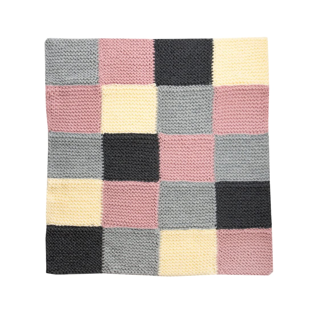 Wool Couture Beginner Basics Chequered Blanket Knitting Kit – Includes 8 Balls of Beautifully Basic Chunky Yarn, Knitting Needles, Pattern, Knitting Manual, and Tapestry Needle – 88 x 115cm Completed