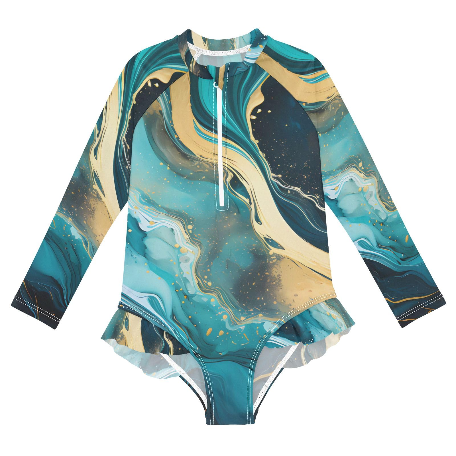 ALAZA Swimsuit for Girls Long Sleeve Rashguard Bathing Suit Blue Marble Gold Quick Dry 4T
