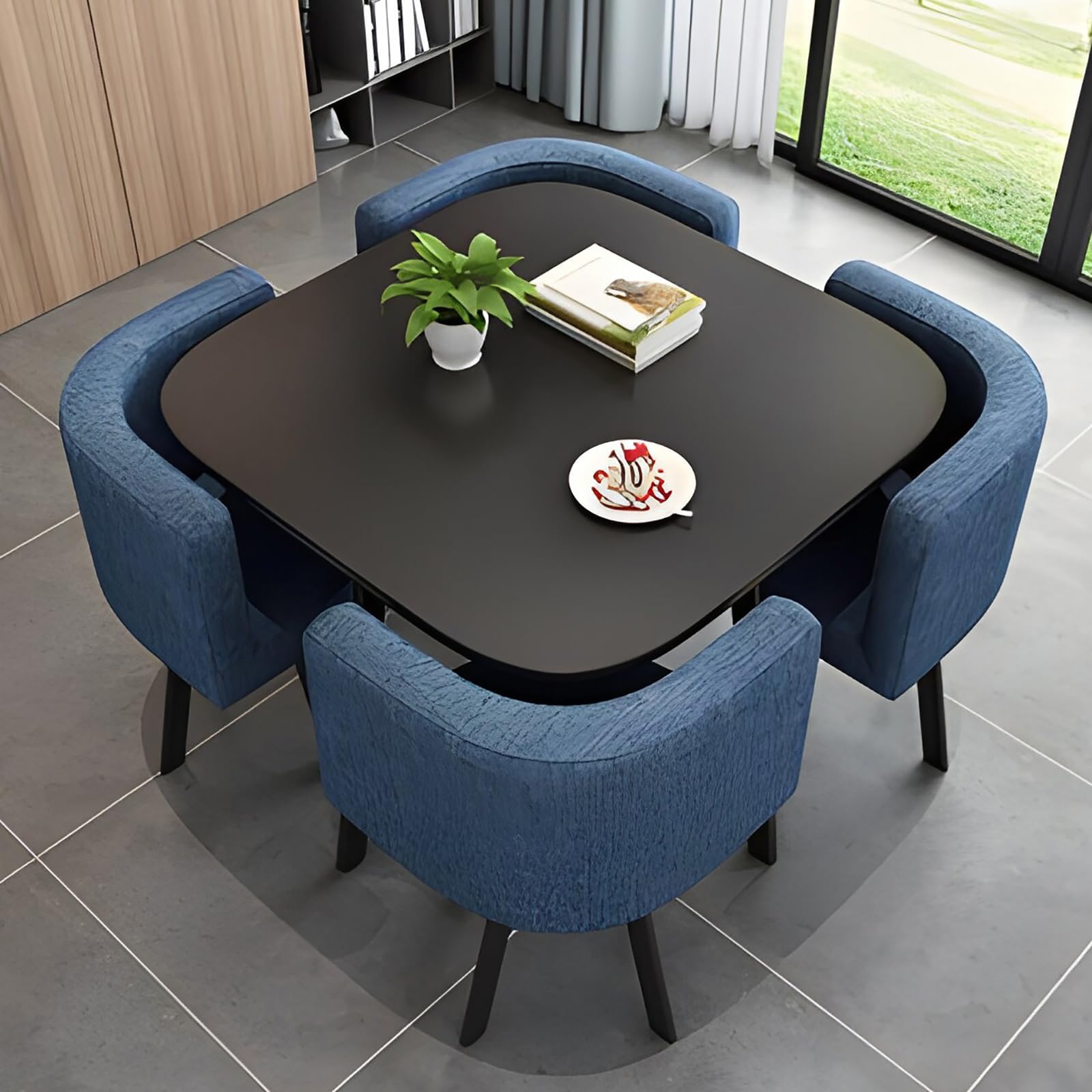 Wood Kitchen Table Set with 4 Chairs - Square Dining Table Set for 4 - Modern Reception Furniture for Meeting Room - Compact Conference Tables Chair Set by Ki,Blue-80cm/31.5