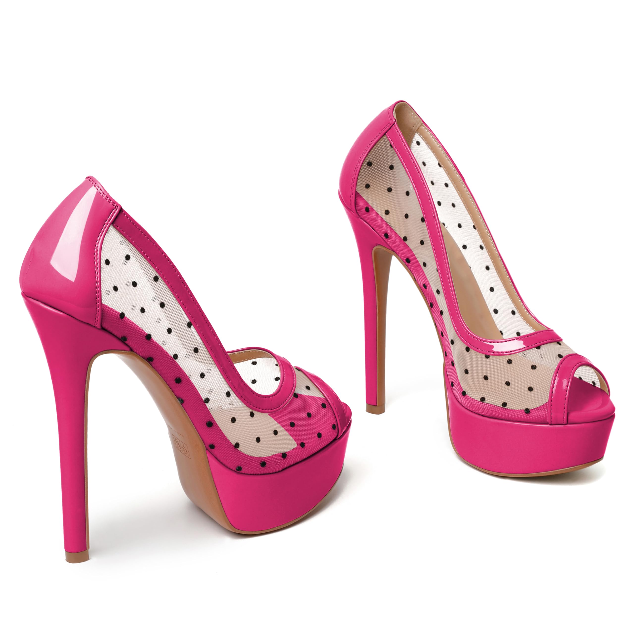 AUMOTED Women's Peep Toe High Heel Platform Stiletto Pumps Slip On Patent Mesh Polka Dot Heels 5.5" Party Wedding Dress Shoes: 7.5 Hot Pink